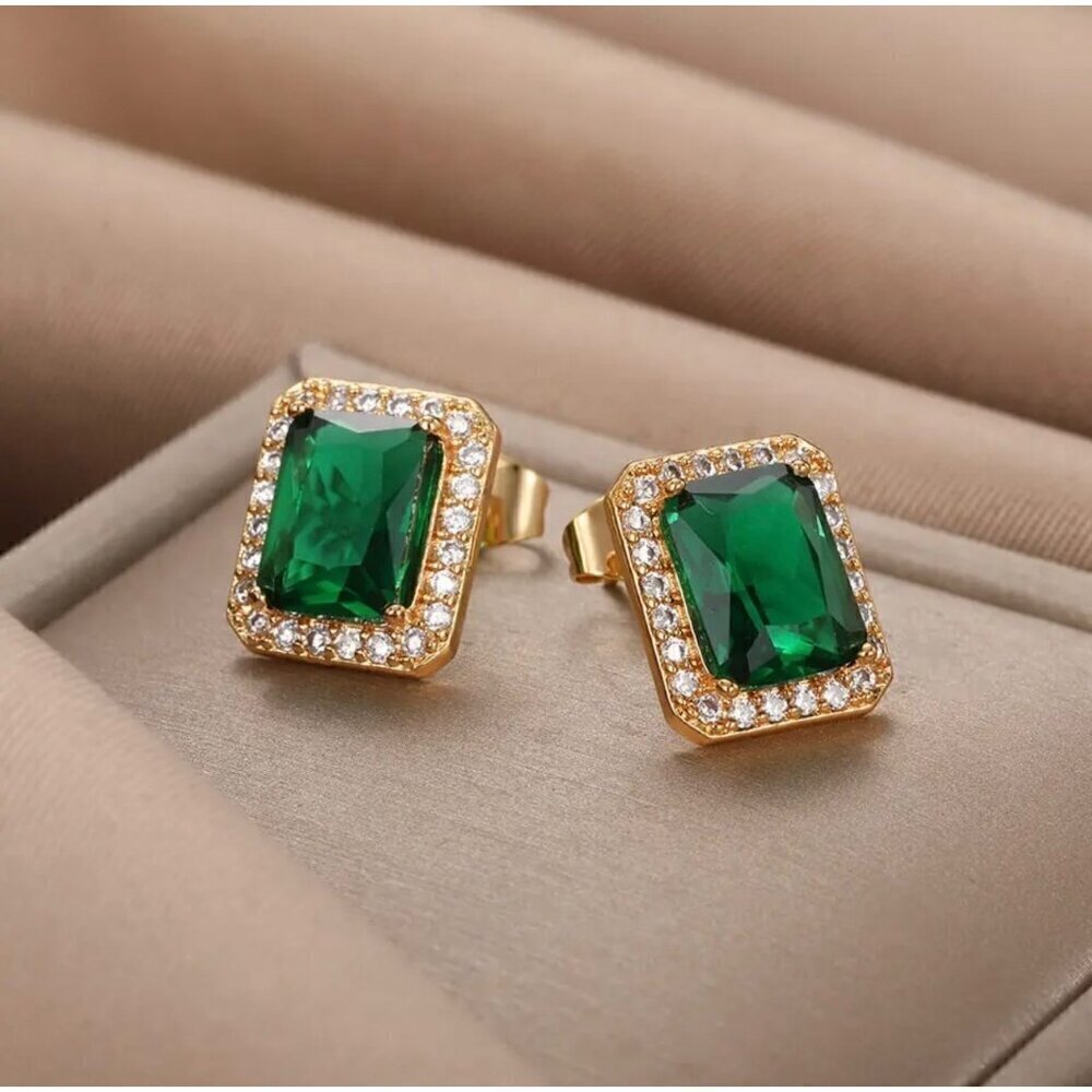 NWT Halo Stud Earrings Emerald Cut Green Crystal & Cubic Zirconia Timeless